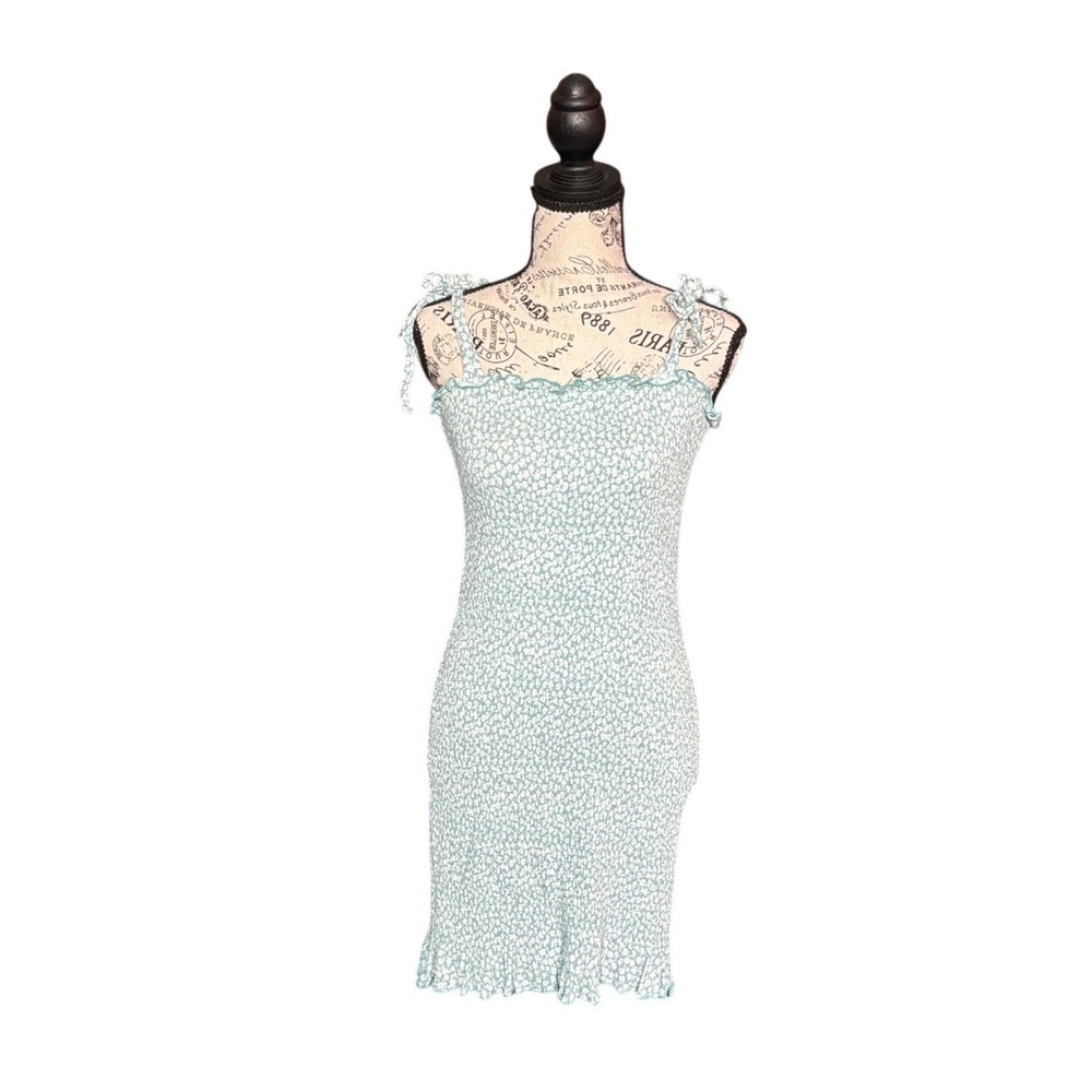In Loom Sage Green Floral Smocked Bodycon Mini Dress Tie Shoulder Size M